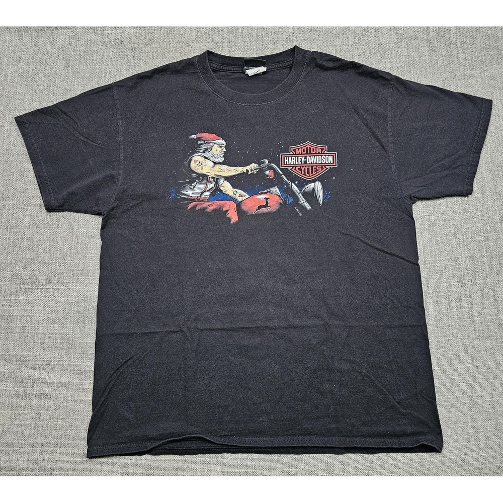 Harley Davidson Shirt Mens Large Black Biker Santa Christmas Graphic Tee Holiday